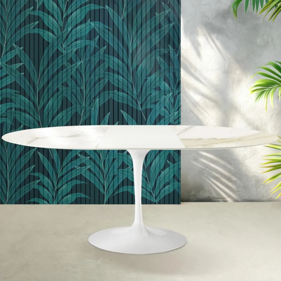 Saarinen Tulip uitschuifbare tafel H 74 cm in Florim Calacatta Gold Gloss keramiek - Scharlakenrood Viadurini