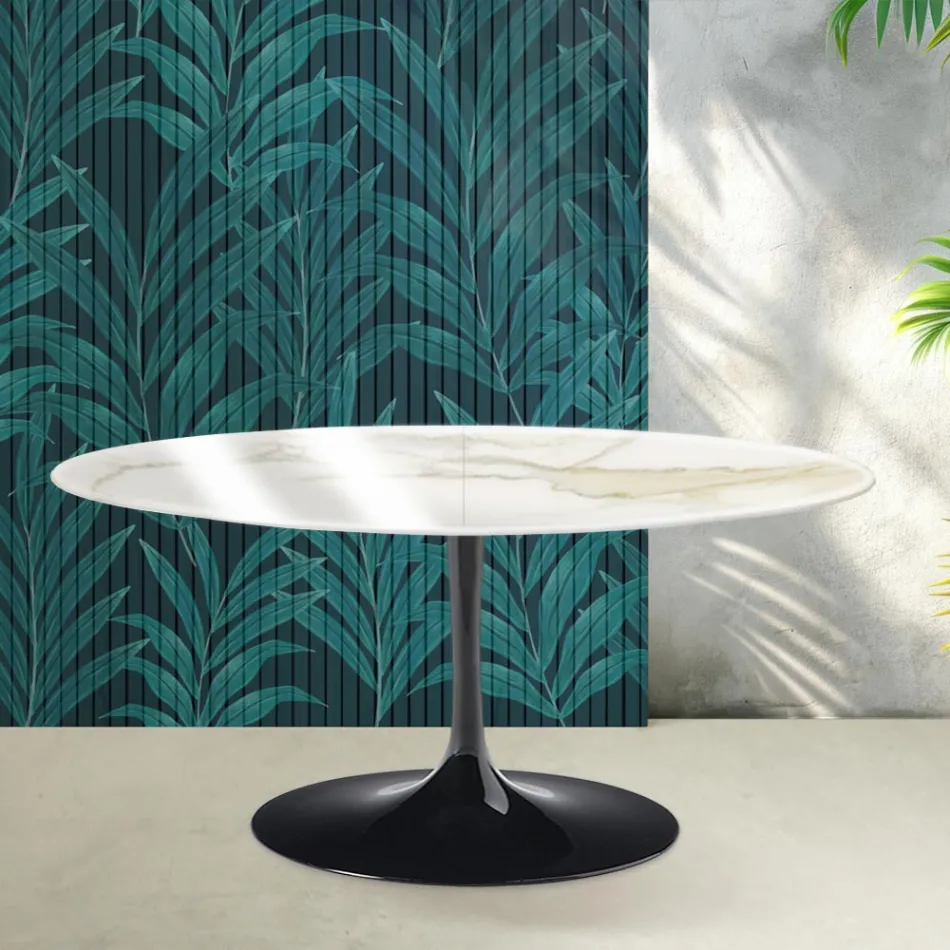 Saarinen Tulip uitschuifbare tafel H 74 cm in Florim Calacatta Gold Gloss keramiek - Scharlakenrood Viadurini