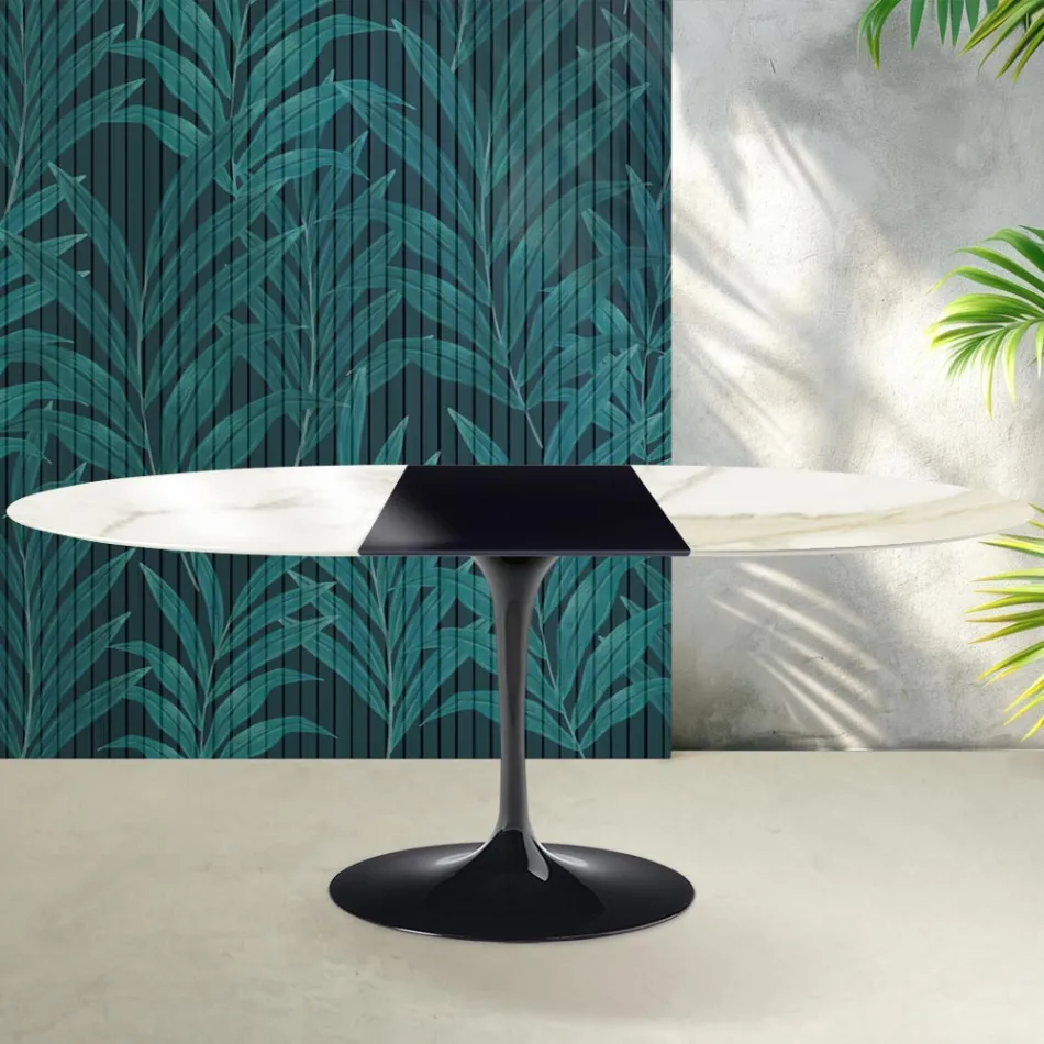 Saarinen Tulip uitschuifbare tafel H 74 cm in Florim Calacatta Gold Gloss keramiek - Scharlakenrood Viadurini