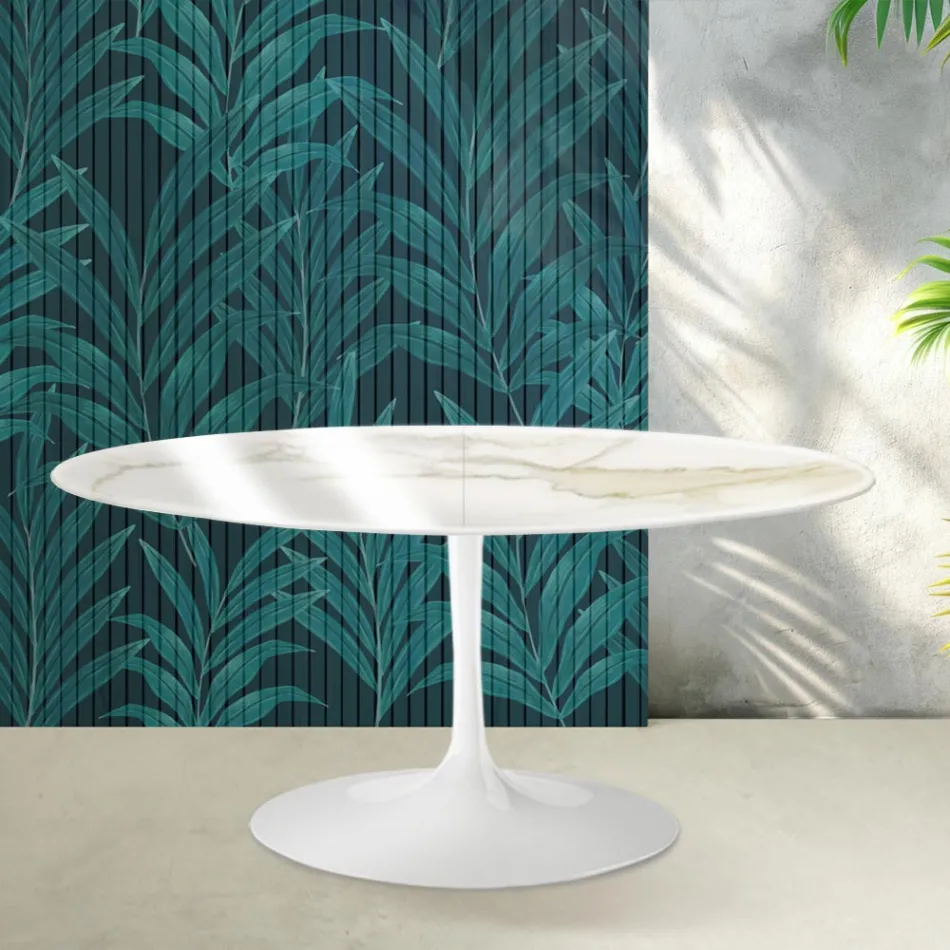 Saarinen Tulip uitschuifbare tafel H 74 cm in Florim Calacatta Gold Gloss keramiek - Scharlakenrood Viadurini
