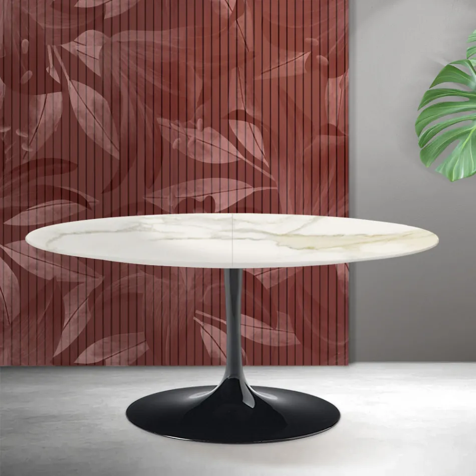 Saarinen Tulip uitschuifbare tafel H 74 cm in Florim Calacatta Gold mat keramiek - Scharlakenrood Viadurini