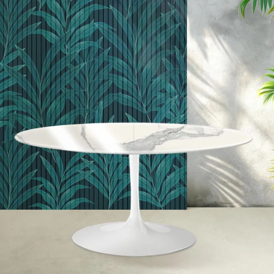Saarinen Tulip uitschuifbare tafel H 74 cm in glanzend Statuario Florim keramiek - Scharlakenrood Viadurini