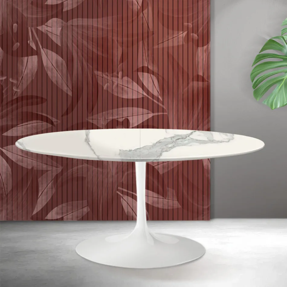 Saarinen Tulip uitschuifbare tafel H 74 cm in Florim Statuario mat keramiek - Scharlakenrood Viadurini