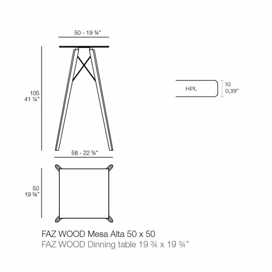 Vierkante design hoge bartafel in hout en HP, 4 stuks - Faz Wood van Vondom Viadurini