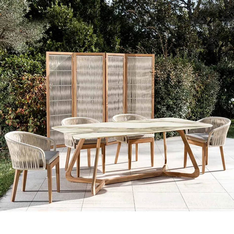 Tafel met houten onderstel en keramiek blad Calacatta Hermitage - Infinity Viadurini