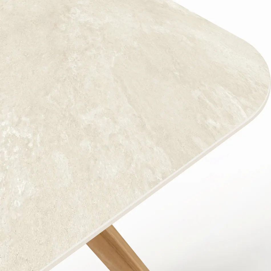 Tafel met houten onderstel en Chianca keramiek blad van Ostuni - Infinity Viadurini