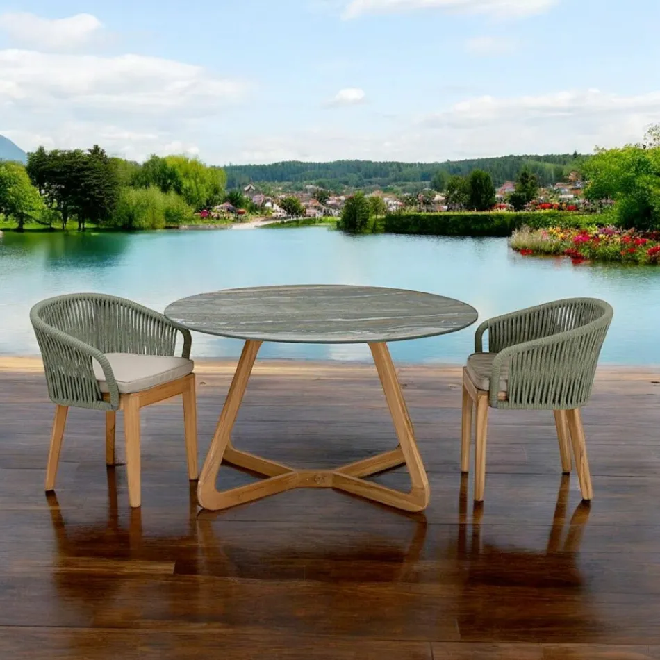 Tafel met keramisch blad en teakhouten onderstel Made in Italy - Helm Viadurini