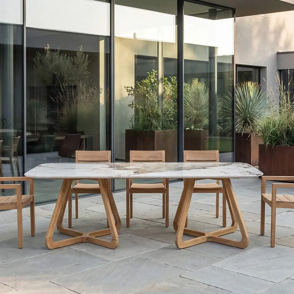 Tafel met keramisch blad en massief teakhouten onderstel Made in Italy - Blouse Viadurini
