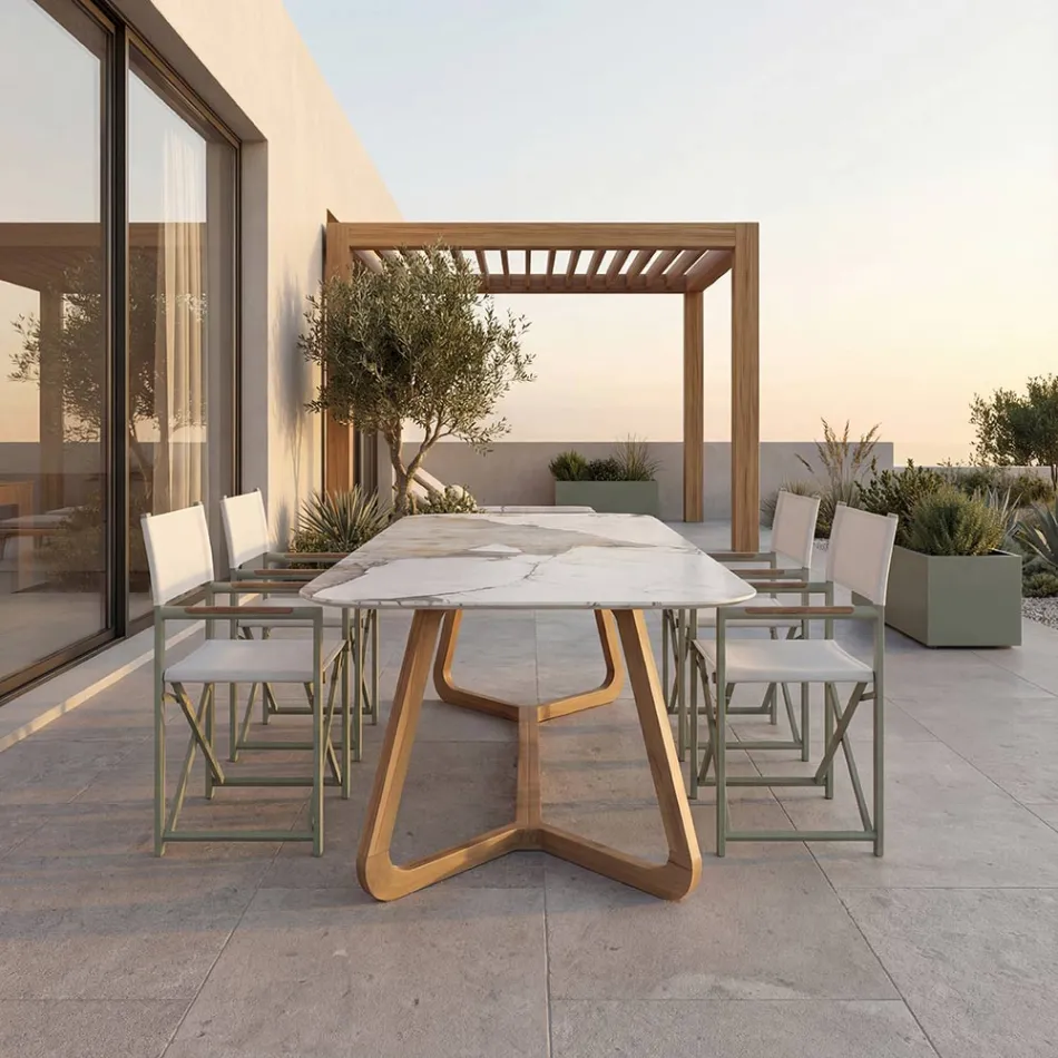 Tafel met keramisch blad en massief teakhouten onderstel Made in Italy - Blouse Viadurini