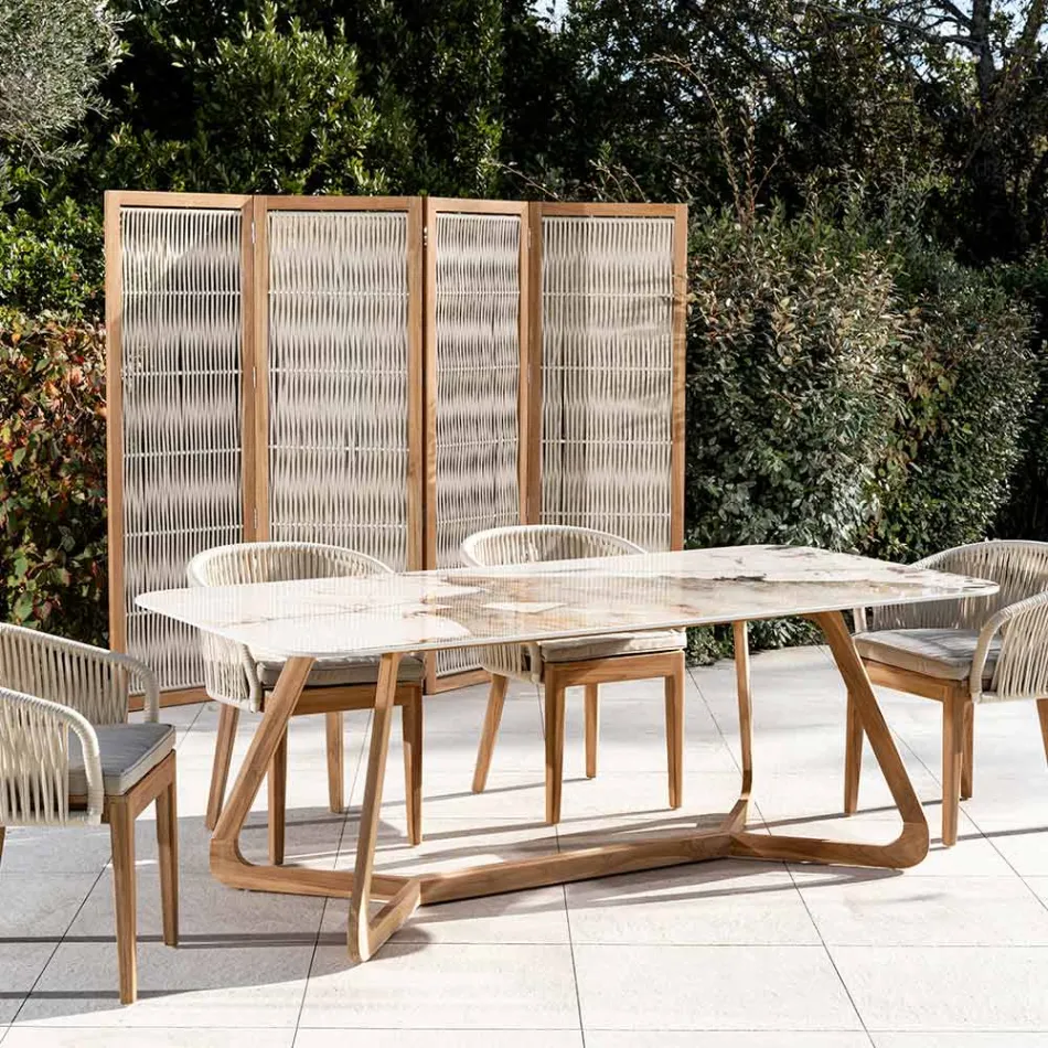 Tafel met keramisch blad en massief teakhouten onderstel Made in Italy - Blouse Viadurini