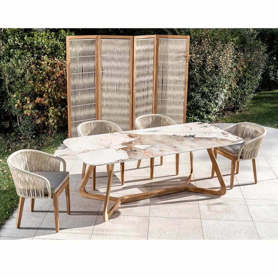 Tafel met keramisch blad en massief teakhouten onderstel Made in Italy - Blouse Viadurini