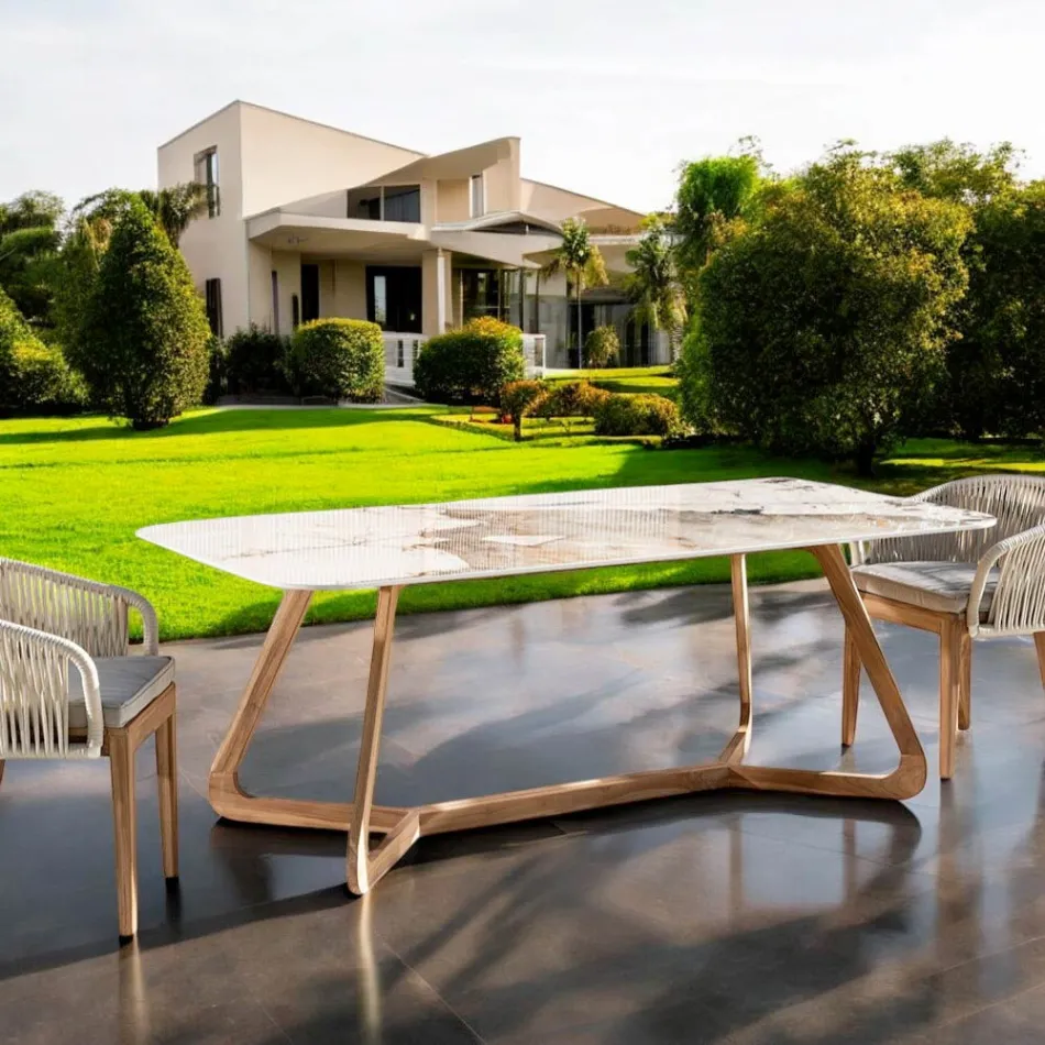 Tafel met keramisch blad en massief teakhouten onderstel Made in Italy - Blouse Viadurini