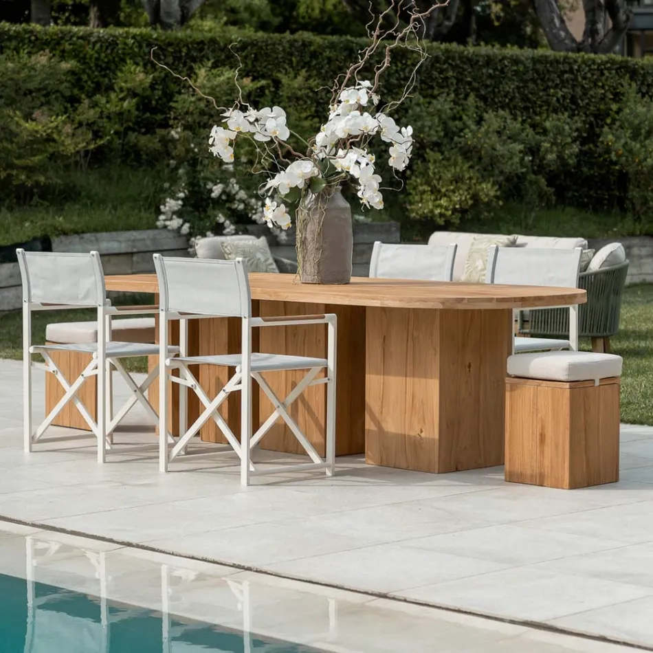 Tafel met geborsteld teakhouten blad en afgeronde hoeken - Bestemming Viadurini