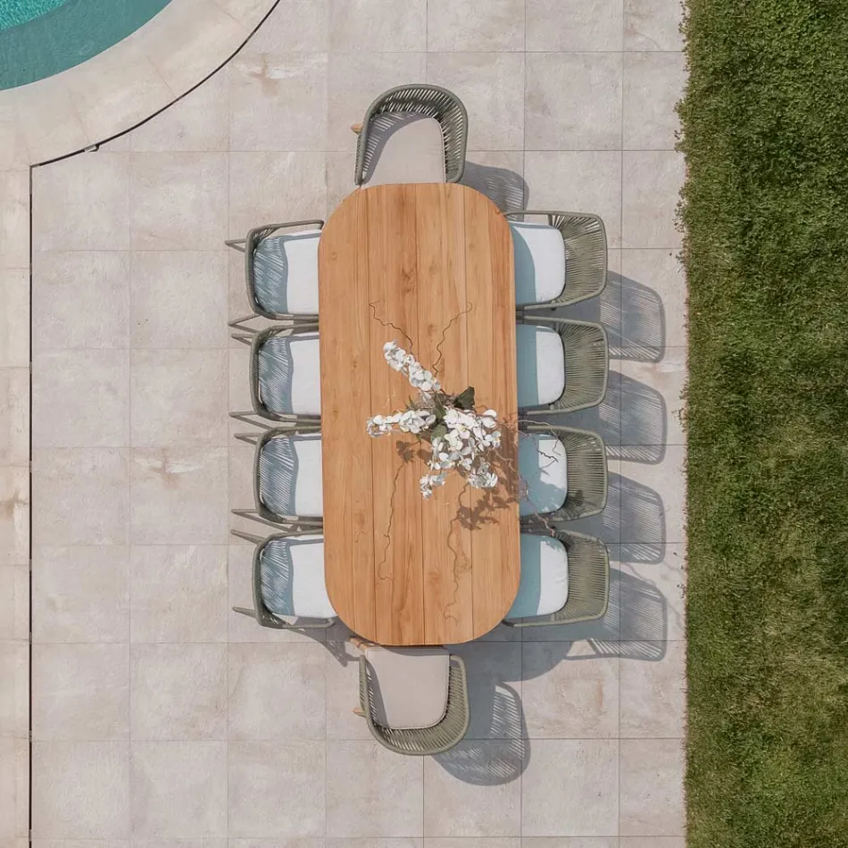 Tafel met geborsteld teakhouten blad en afgeronde hoeken - Bestemming Viadurini