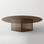 Tafel met ovaal glazen blad en gesmolten glas en metalen onderstel - Foglietto Viadurini