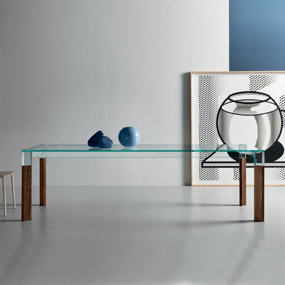 Keukentafel van extra helder glas met houten poten Made in Italy - Super Viadurini