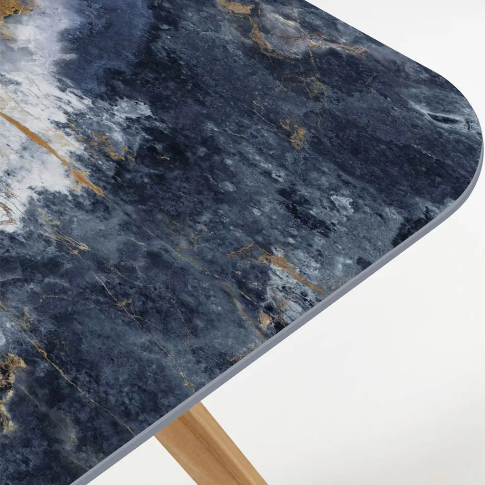 Buitentafel met houten onderstel en oceaanblauw keramiek blad - Infinity Viadurini