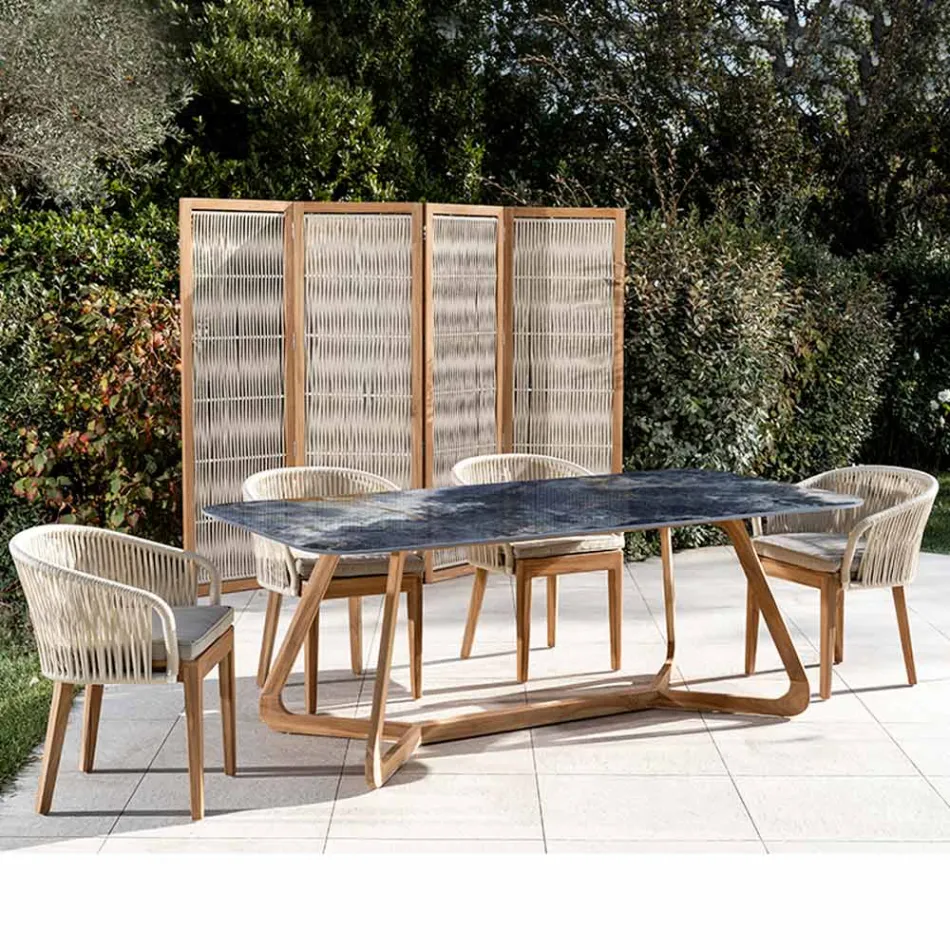 Buitentafel met houten onderstel en oceaanblauw keramiek blad - Infinity Viadurini