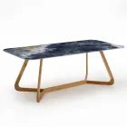 Buitentafel met houten onderstel en oceaanblauw keramiek blad - Infinity Viadurini