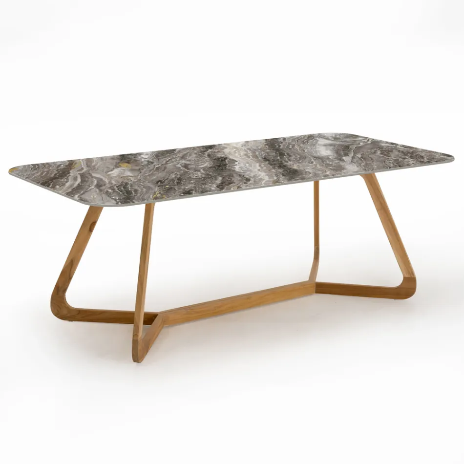 Buitentafel met houten onderstel en Orobico Luxe keramiek blad - Infinity Viadurini