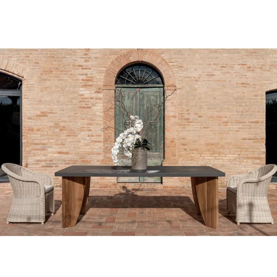 Buitentafel in okumè microcement en teakafwerking Made in Italy - potlood Viadurini