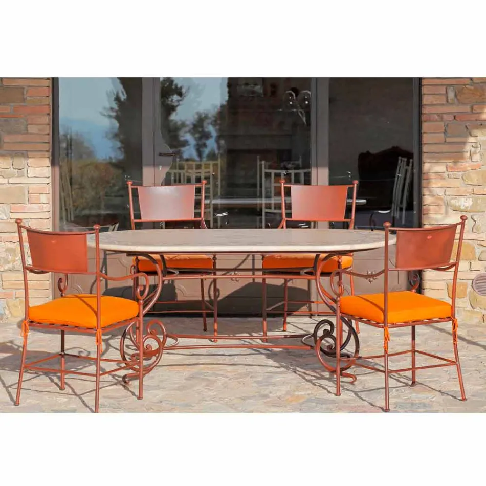 Travertin buitentafel met mozaïek inzetstukken Made in Italy - Elegant Viadurini