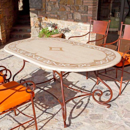 Travertin buitentafel met mozaïek inzetstukken Made in Italy - Elegant Viadurini