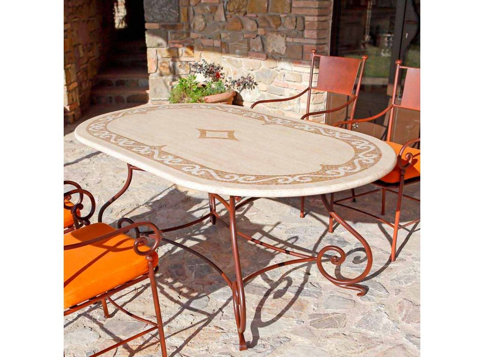Travertin buitentafel met mozaïek inzetstukken Made in Italy - Elegant Viadurini