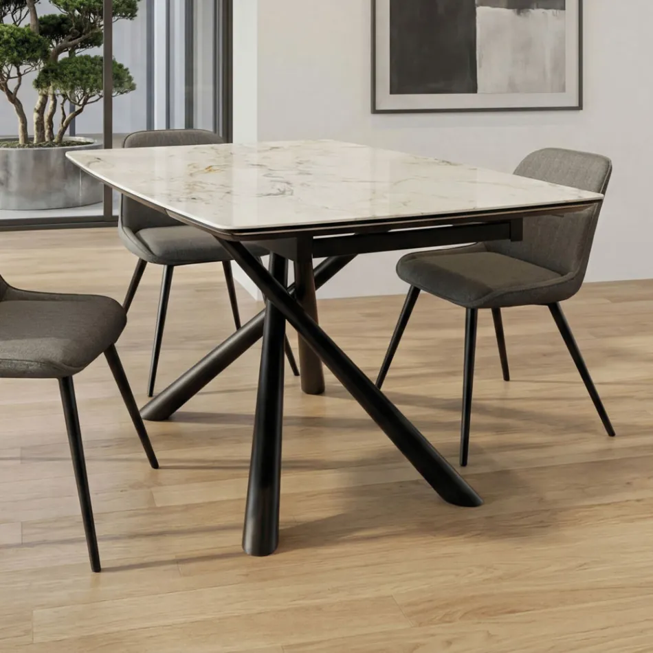 Uitschuifbare eettafel (200/230 cm) van glas, keramiek en metaal - Naisha Viadurini