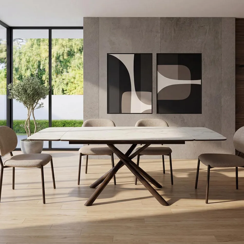 Uitschuifbare eettafel (200/230 cm) van glas, keramiek en metaal - Naisha Viadurini