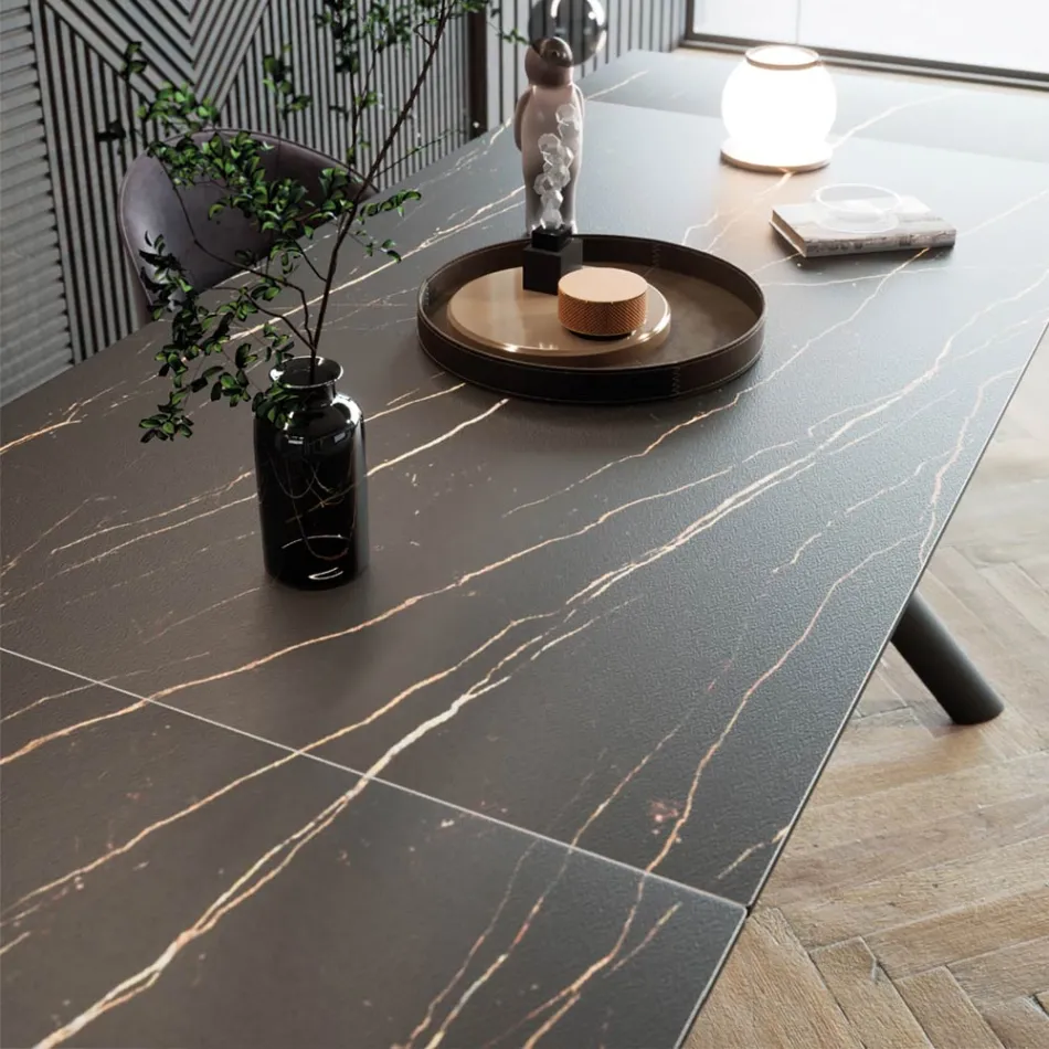 Uitschuifbare eettafel (200/230 cm) van glas, keramiek en metaal - Naisha Viadurini