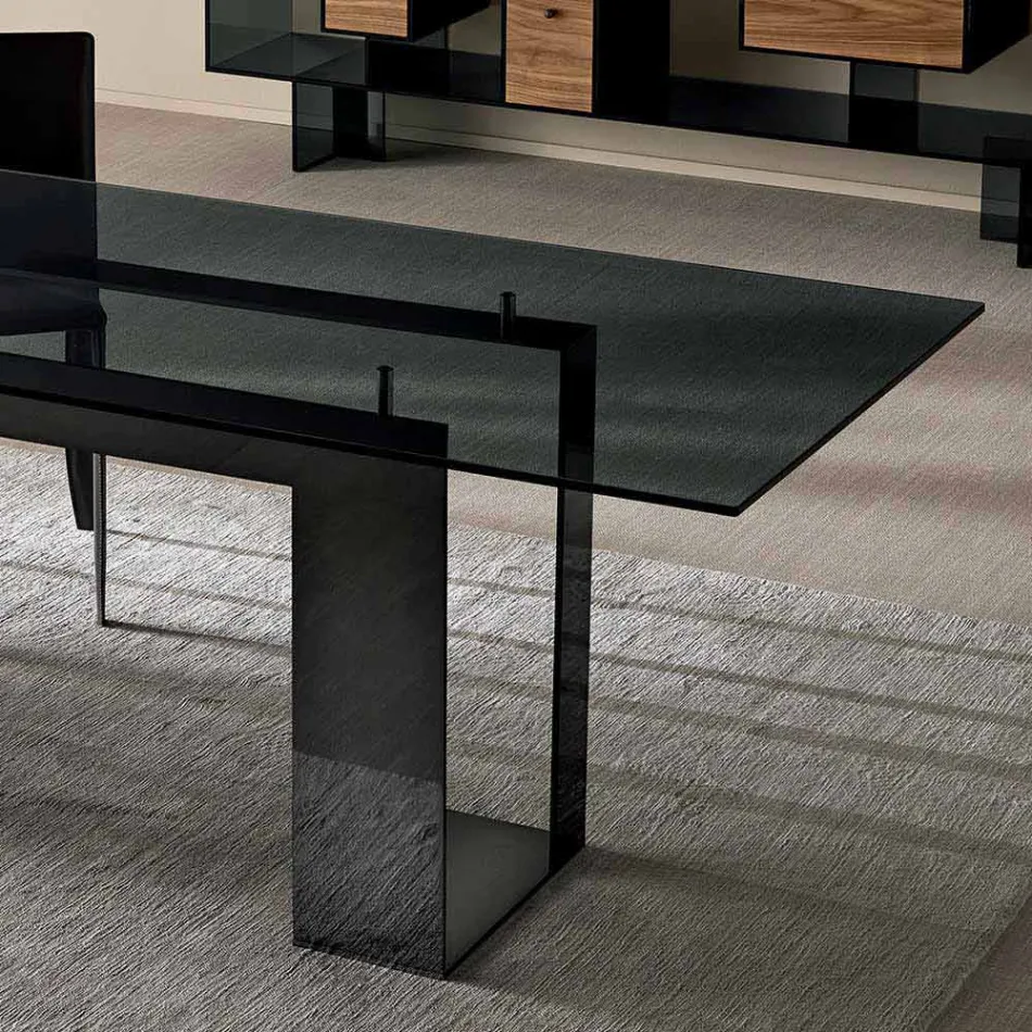 Eettafel met rookglazen blad en metalen onderstel 4 afmetingen - Speck Viadurini