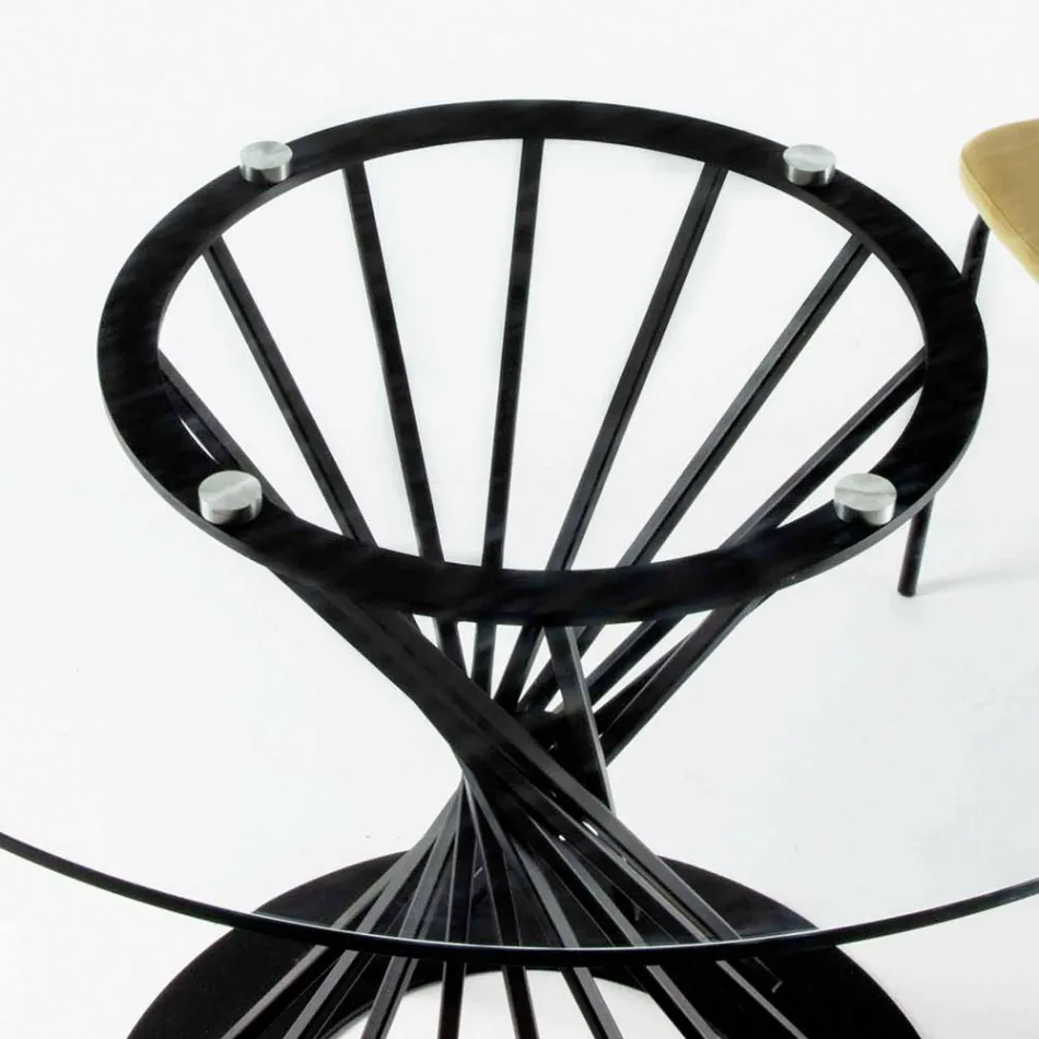 Eettafel met rond blad van gehard glas en stalen onderstel - Mileto Viadurini