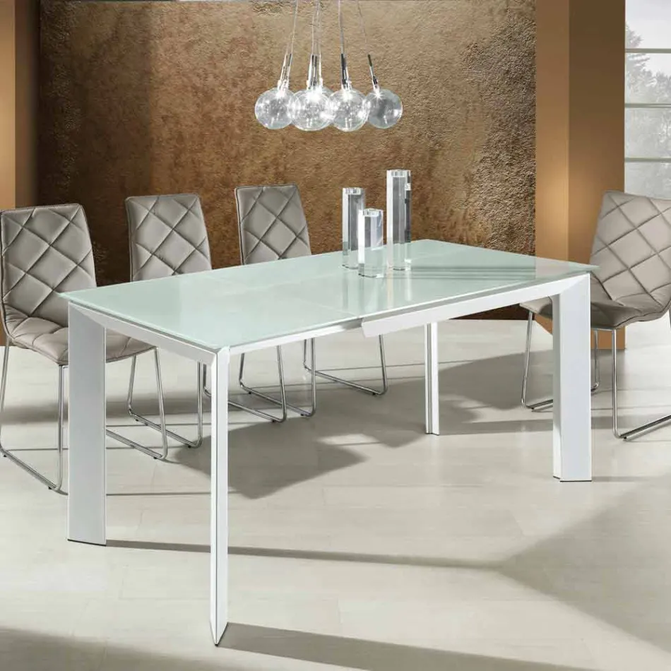 Eettafel met gehard glas top geschilderd bianco Zeno Viadurini