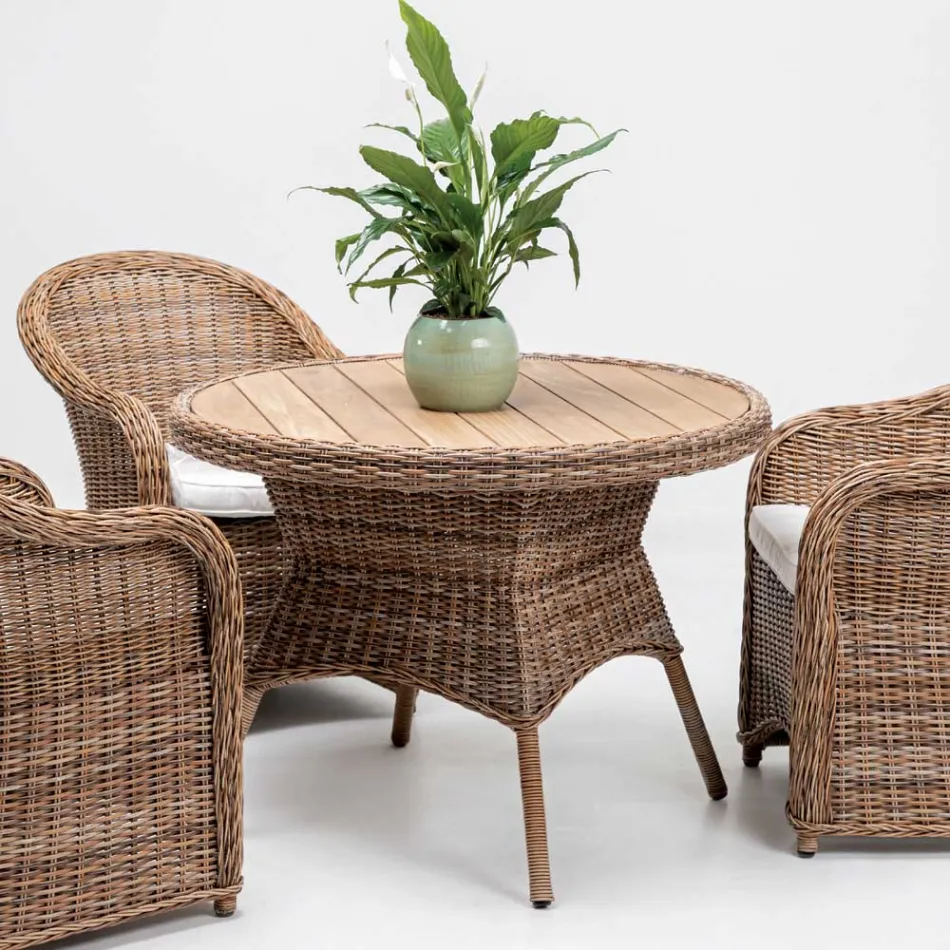 Buiteneettafel met breed natuurlijk teakhouten blad - Melina Viadurini