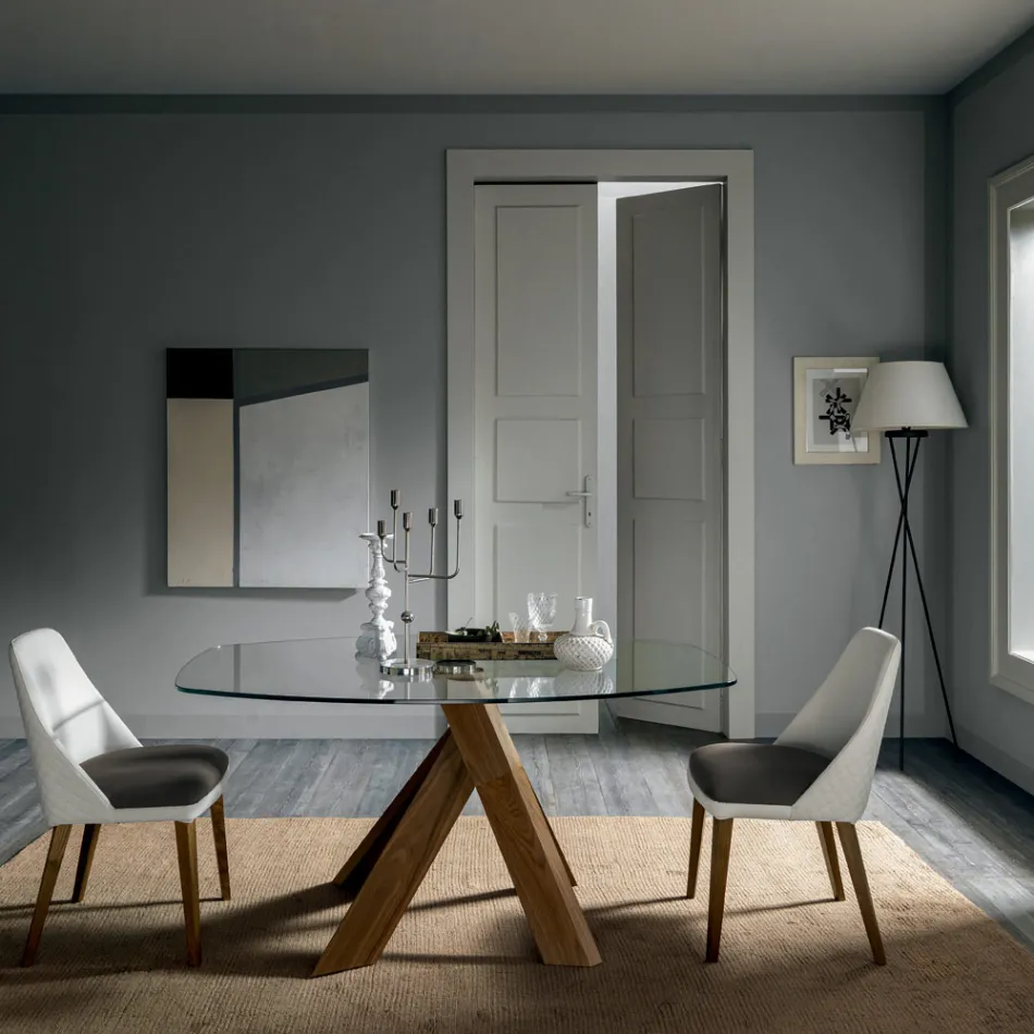 Woonkamer Eettafel Glazen blad en houten poten - Botanisch Viadurini