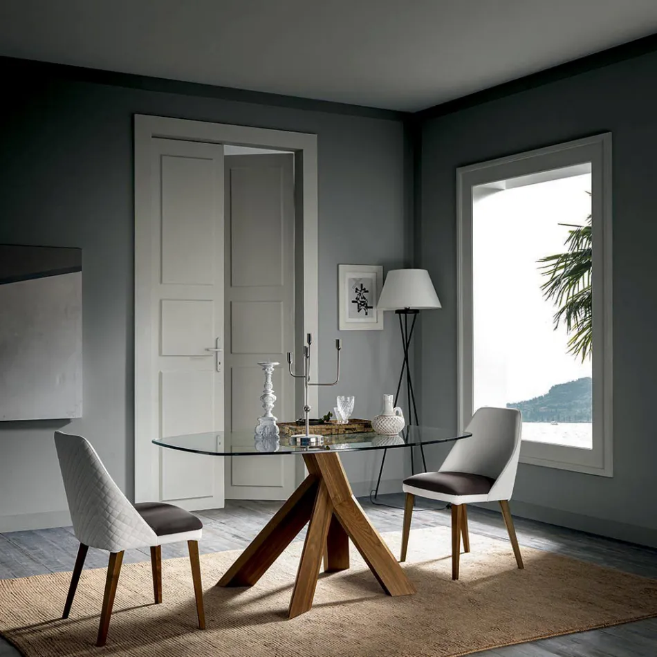 Woonkamer Eettafel Glazen blad en houten poten - Botanisch Viadurini