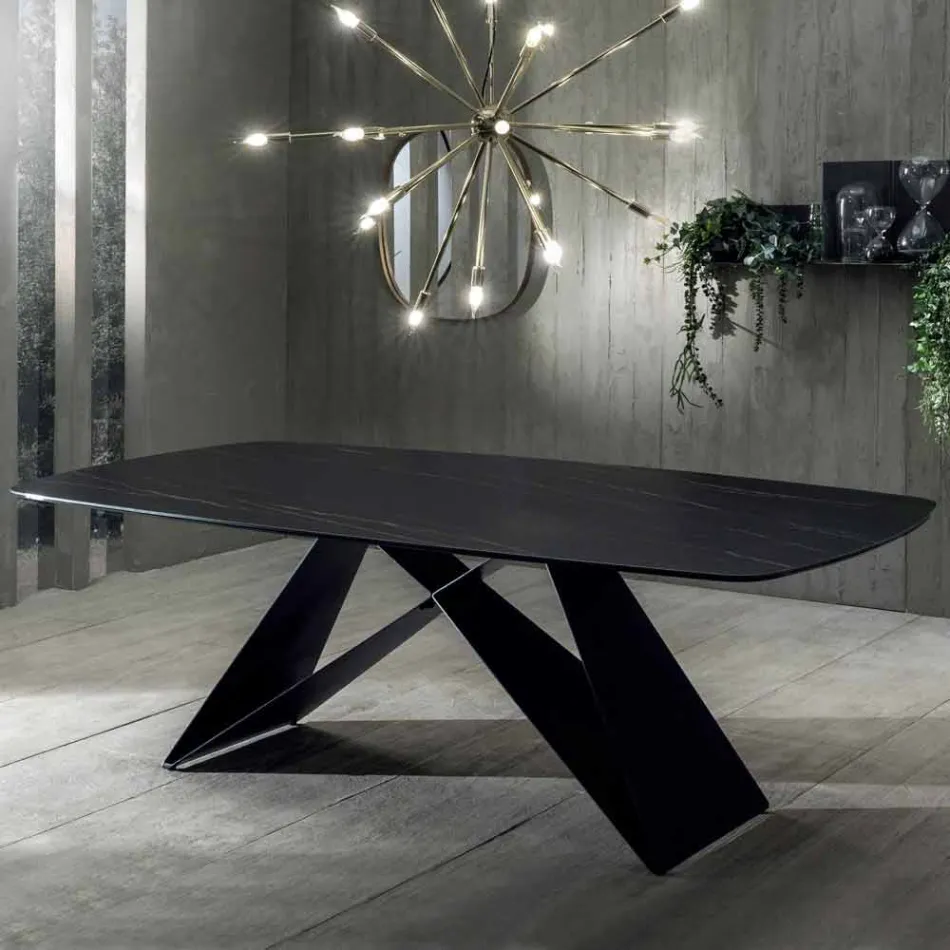 Design eettafel in keramiek met Portoro-effect en mat metaal - Falcon Viadurini