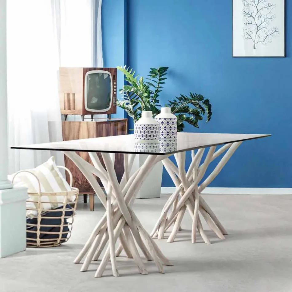 Design eettafel in glas en gebleekt teak Homemotion - Frankrijk Viadurini