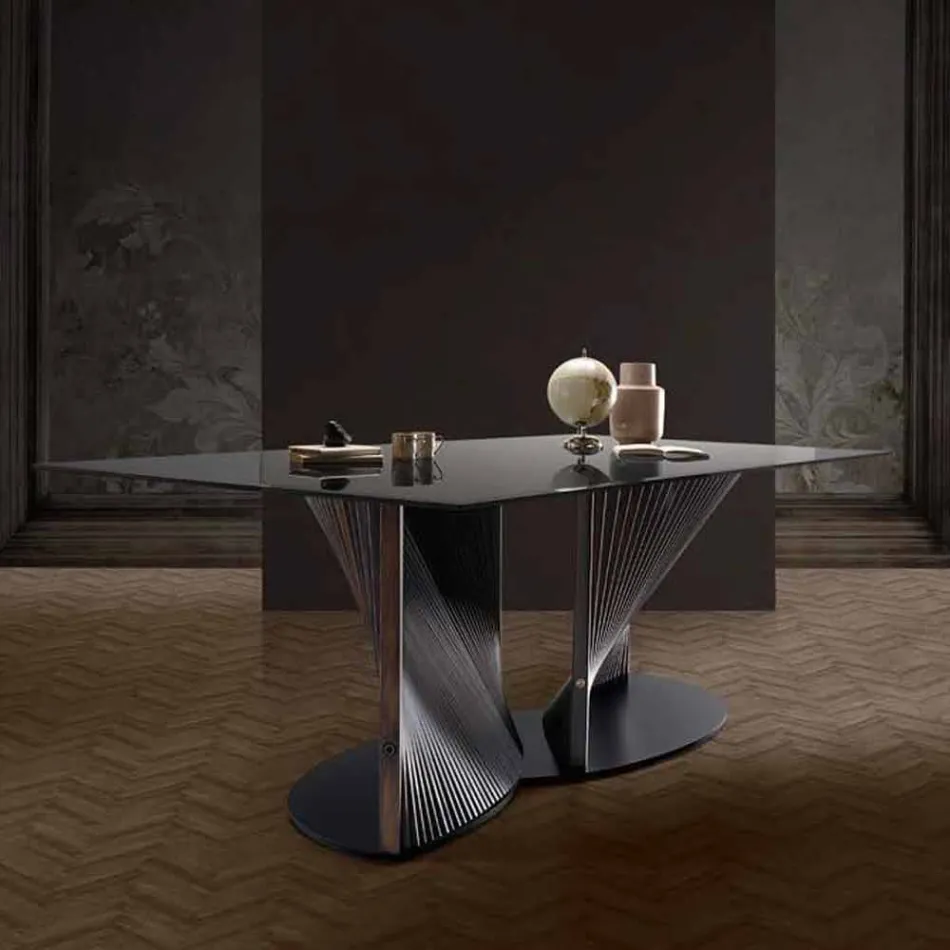 Design eettafel van rookglas en geolied essenhout Made in Italy - Croma Viadurini