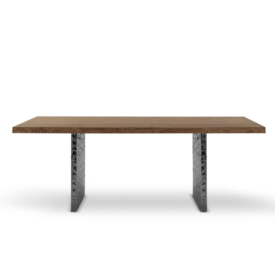 Eettafel van fineer en gehamerd staal Made in Italy - Strappo Viadurini
