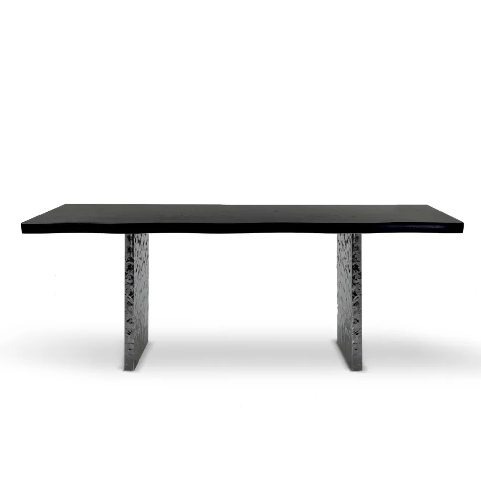Eettafel van fineer en gehamerd staal Made in Italy - Strappo Viadurini