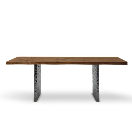 Eettafel van fineer en gehamerd staal Made in Italy - Strappo Viadurini