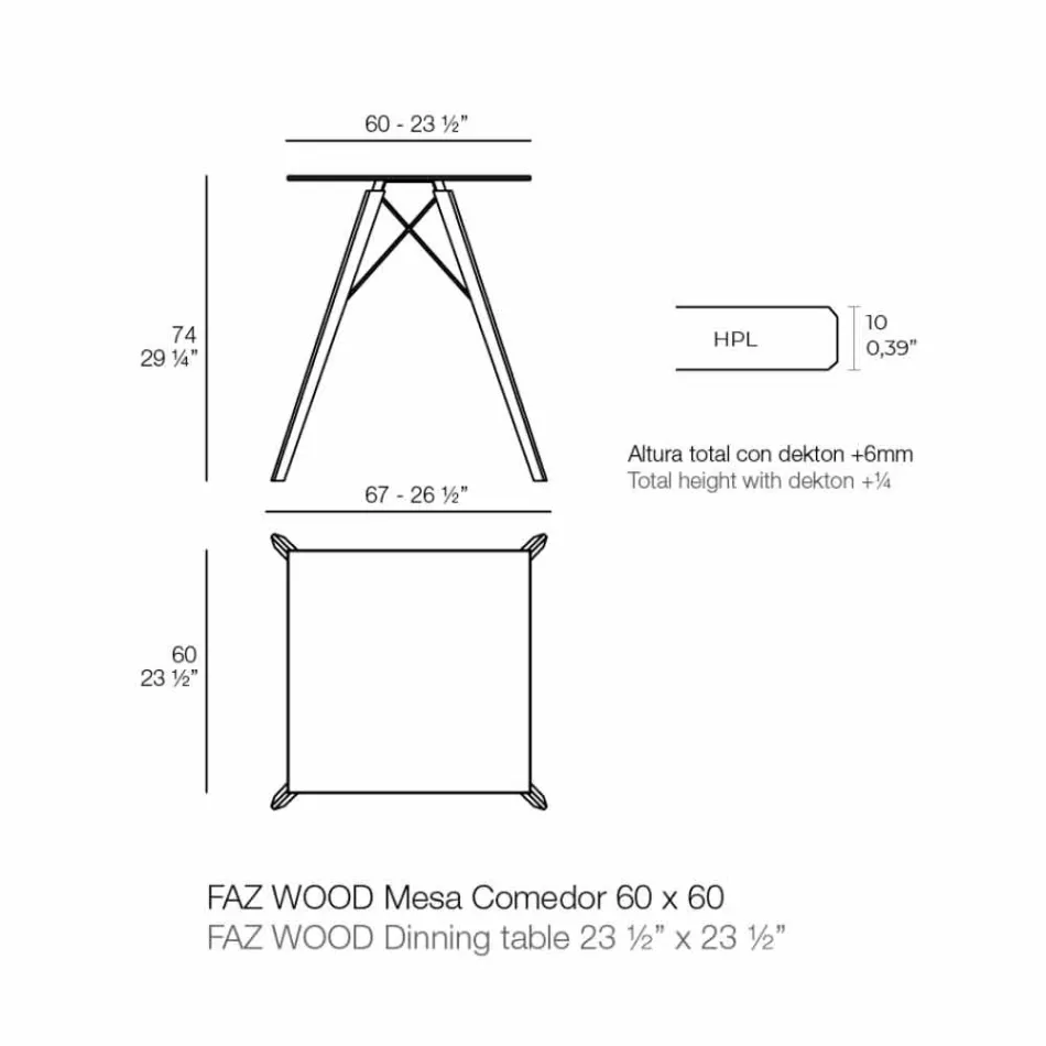 Vierkant design houten en HPL eettafel, 4 stuks - Faz Wood van Vondom Viadurini