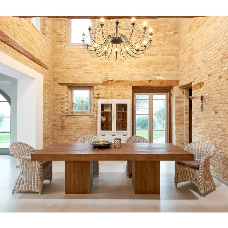 Eettafel van gerecycled tropisch hout met dubbel onderstel - glijbaan Viadurini