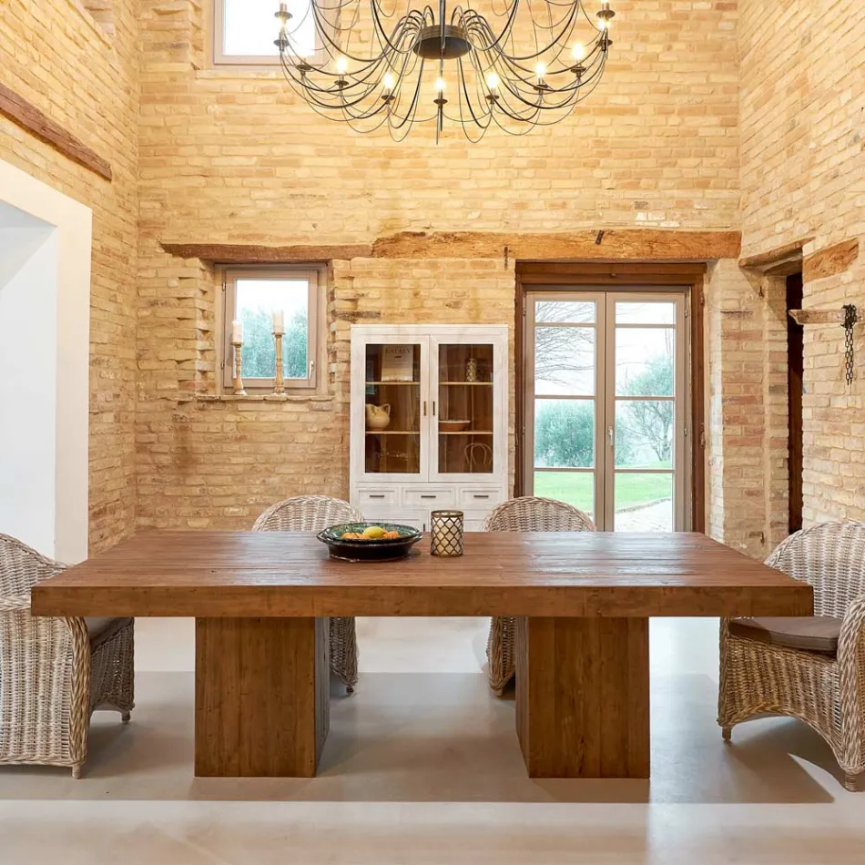 Eettafel van gerecycled tropisch hout met dubbel onderstel - glijbaan Viadurini