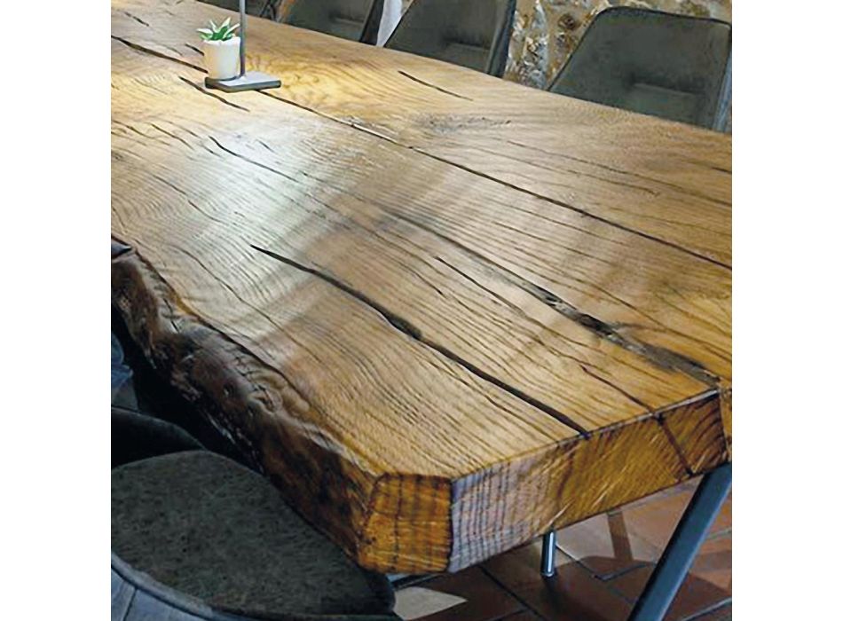Eettafel in seculier eikenhout en metaal gemaakt in Italië - Dite, uniek stuk Viadurini