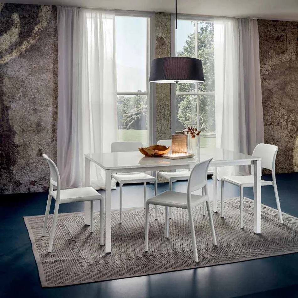 Eettafel in wit glas en geverfd metaal Made in Italy - Broche Viadurini