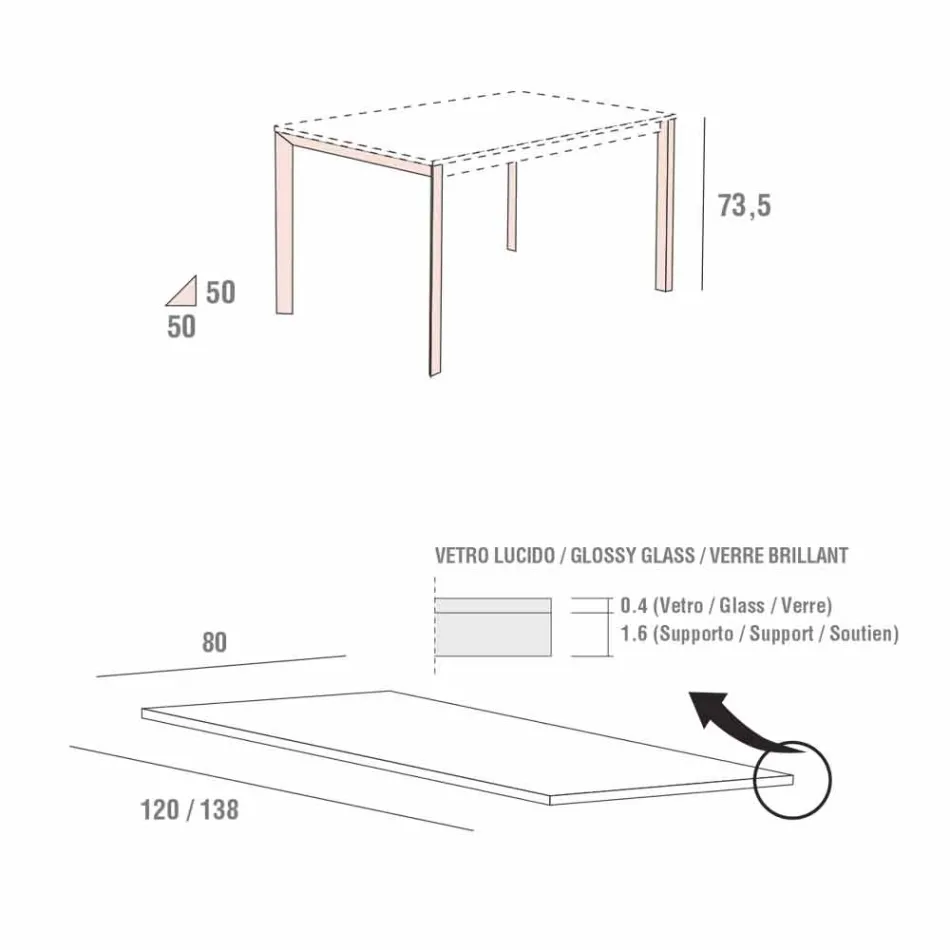 Eettafel in wit glas en geverfd metaal Made in Italy - Broche Viadurini