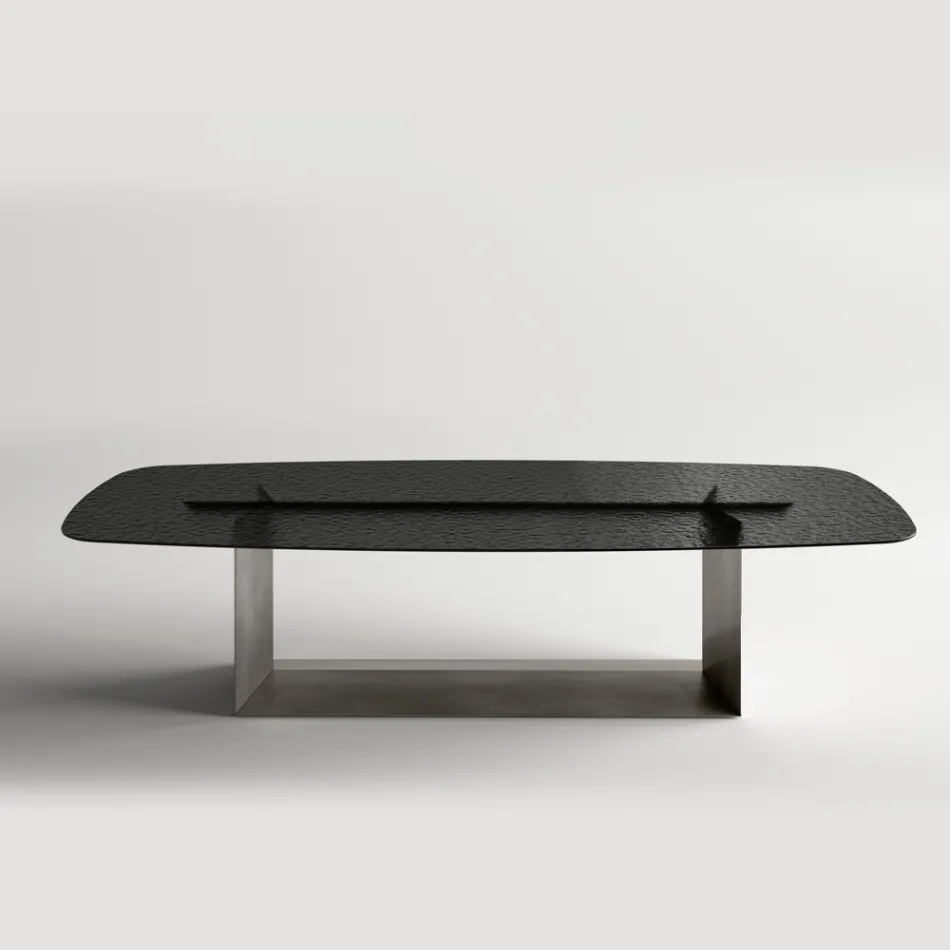 Design eettafel van Made in Italy, gemaakt van gefuseerd glas in brons of rookkleur - Moro Viadurini